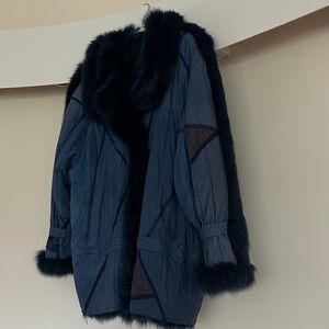 Elegant Women's Navy Teddy Jacket with Fur Accents